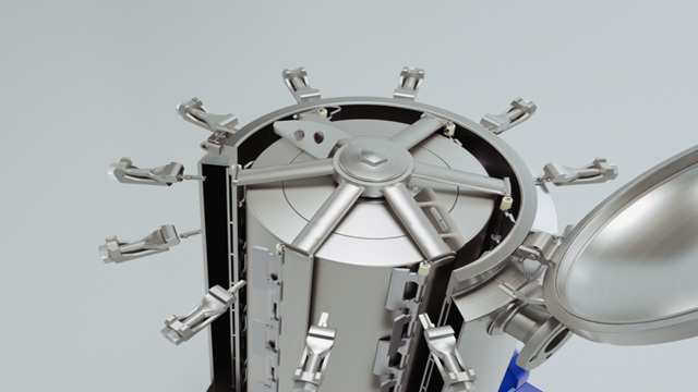 Industrial cylindrical device with clamps and radial arms, hinged lid open, equipment for sample processing or testing